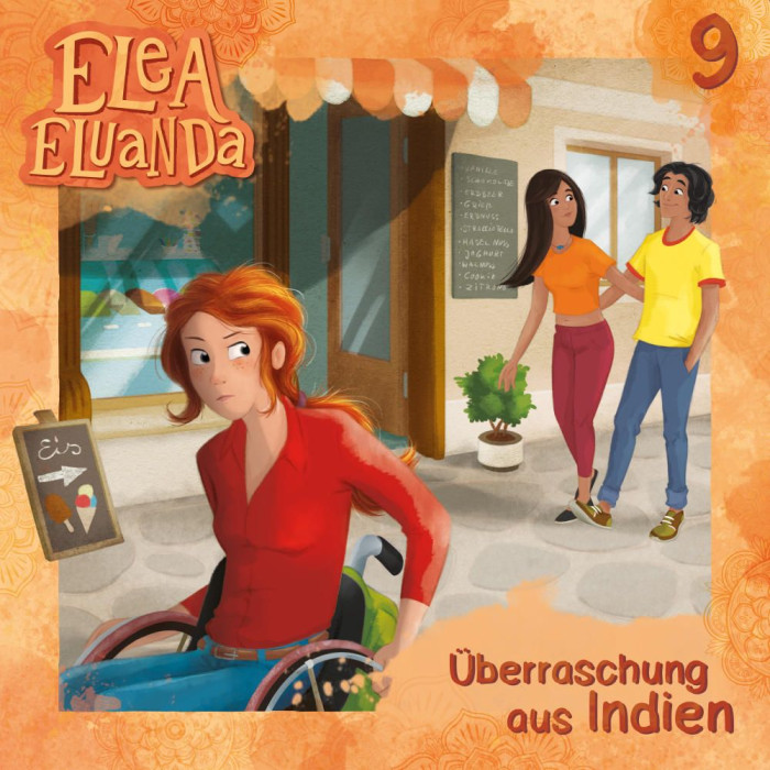 Überraschung aus Indien - Sorpreiss ex Indibum Hörspielcover - orange- Elea im Vordergrund - Ravi läuft mit dritter Person dahinter