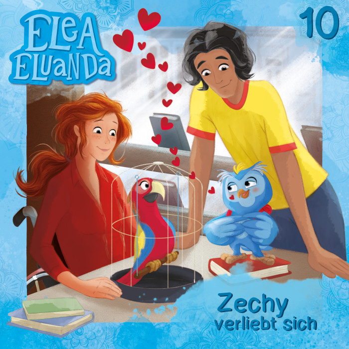 Zechy verliebt sich - Folge 10 Das Hörspiel-Cover Nr. 10. - Cover hellblau, Elea, Ravi, Zechi und ein bunter Papagei sind abgebildet mit roten Herzen